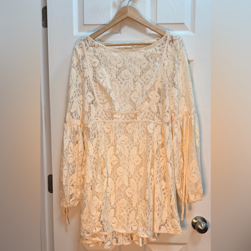 Free People Cream Lace Long Sleeve Mini Dress